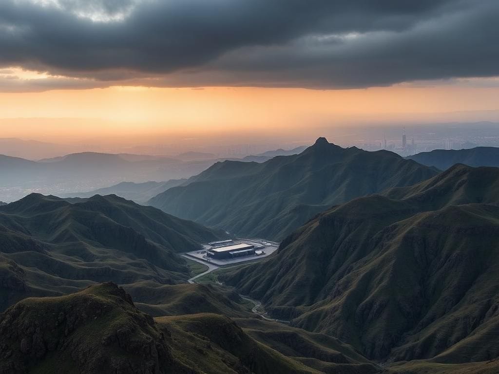 Flick International Aerial view of the rugged mountainous landscape surrounding Iran's Fordow nuclear facility.