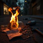 Flick International Dark street scene with shattered glass bottle and flames, representing tension and violence