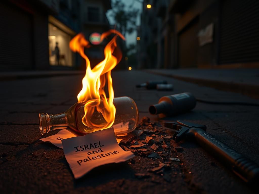 Flick International Dark street scene with shattered glass bottle and flames, representing tension and violence