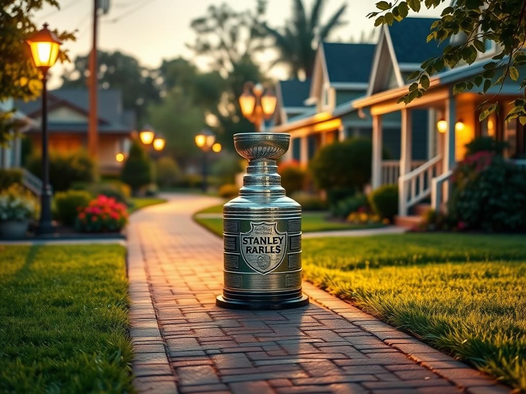 Flick International Stanley Cup resting on a brick pathway in a serene neighborhood at dawn