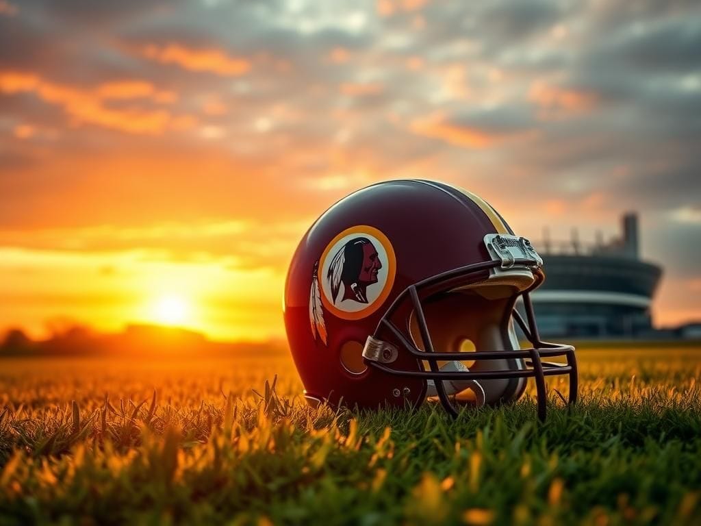 Flick International Artistic tribute featuring a vintage football helmet on green grass with the Redskins logo in the background