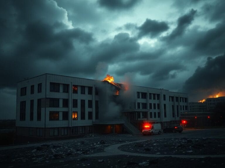 Flick International Exterior of a damaged hospital building post-explosion