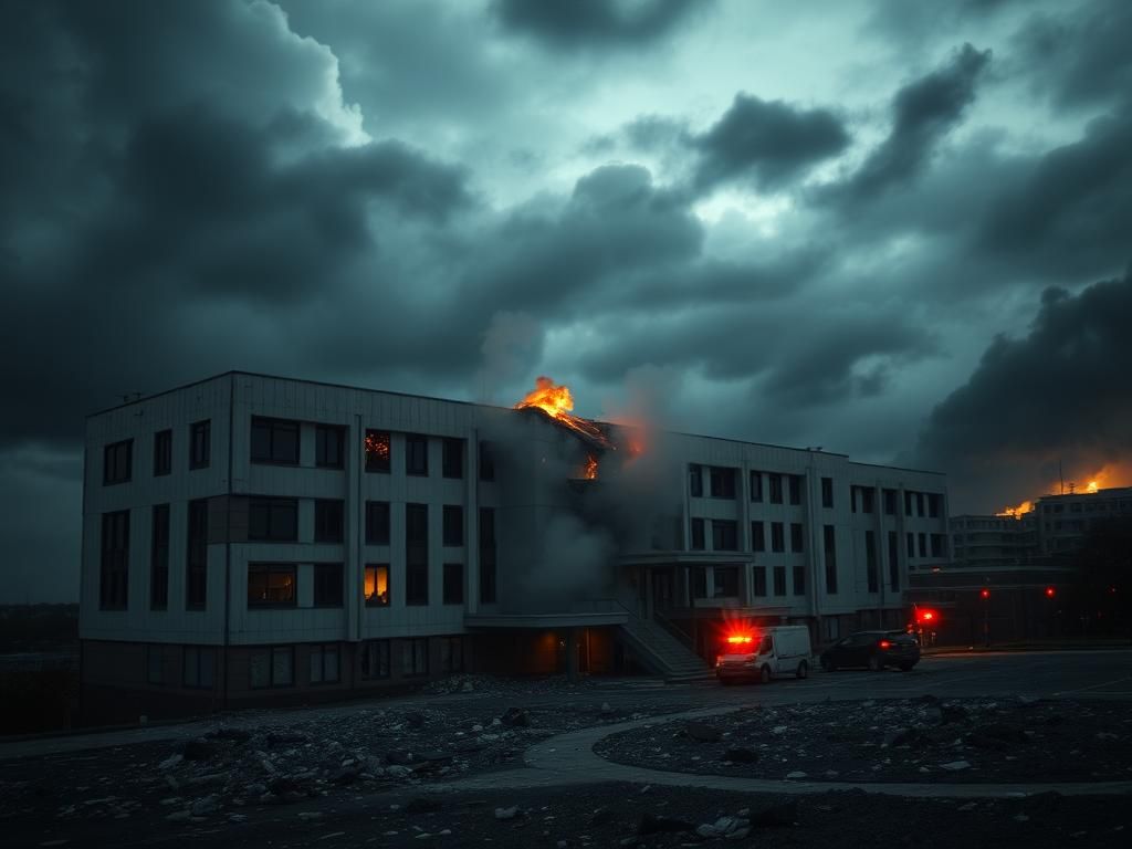 Flick International Exterior of a damaged hospital building post-explosion