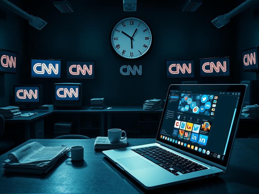Flick International Dimly lit newsroom with empty desks and flickering CNN screens, illustrating the distrust in legacy media.