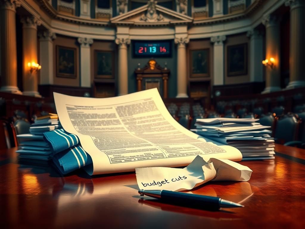 Flick International A large, intricately designed legislative bill on a polished wooden table with documents and reports.