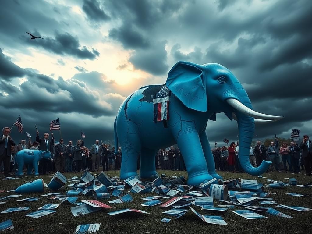 Flick International Large, cracked blue elephant statue symbolizing the Democratic Party with scattered pieces, representing divisions and resignations.