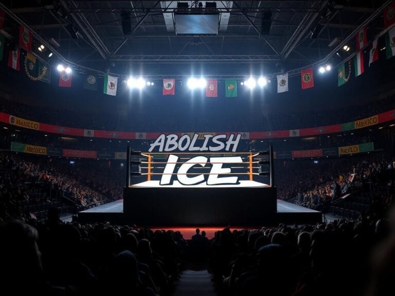 Flick International AEW star Brody King wearing a T-shirt with 'Abolish ICE' in a wrestling ring