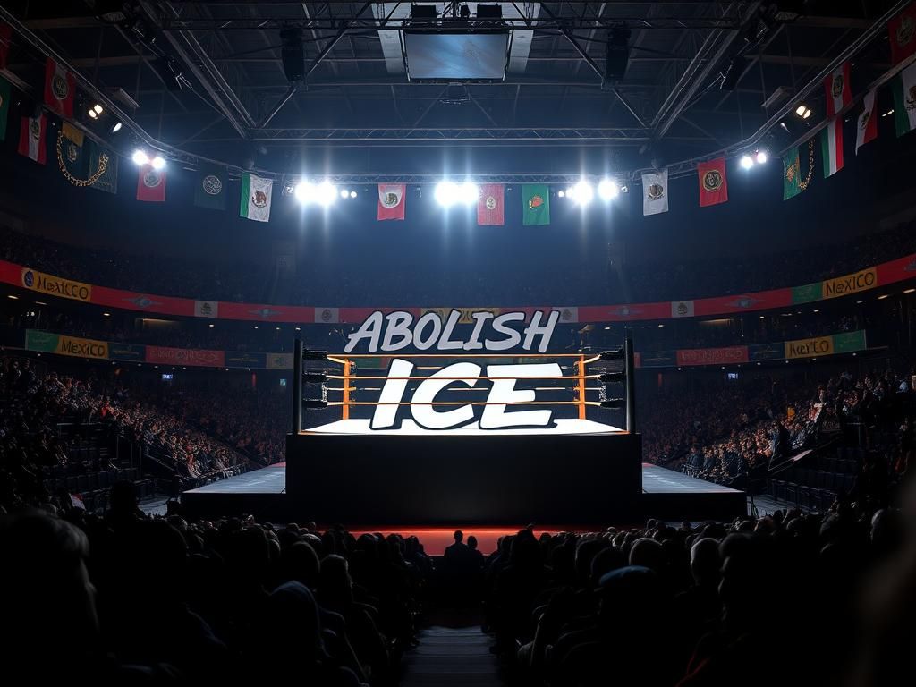 Flick International AEW star Brody King wearing a T-shirt with 'Abolish ICE' in a wrestling ring