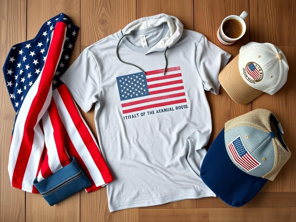 Flick International A flat lay of patriotic apparel items including a T-shirt, hoodie, and trucker hat on a rustic wooden surface