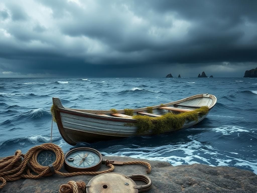 Flick International A worn seven-meter rowboat floating on choppy North Atlantic waters with storm clouds looming overhead