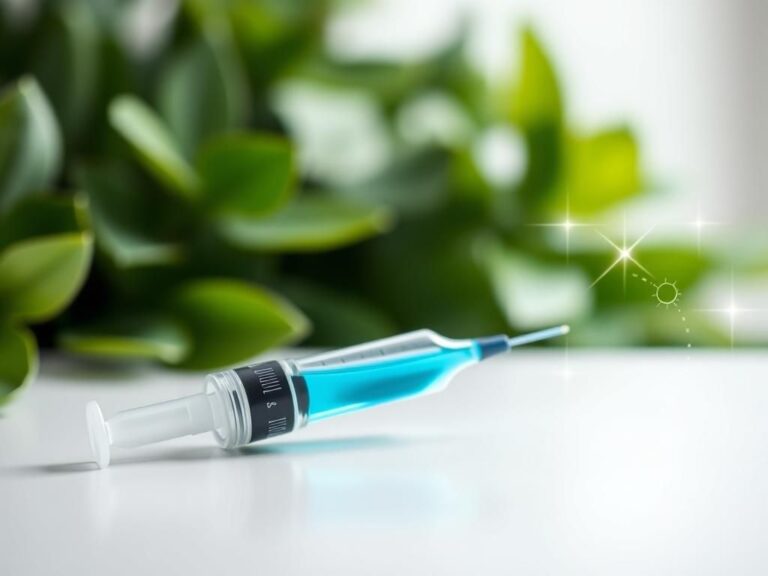 Flick International Close-up of a syringe filled with bright blue liquid against a green foliage background