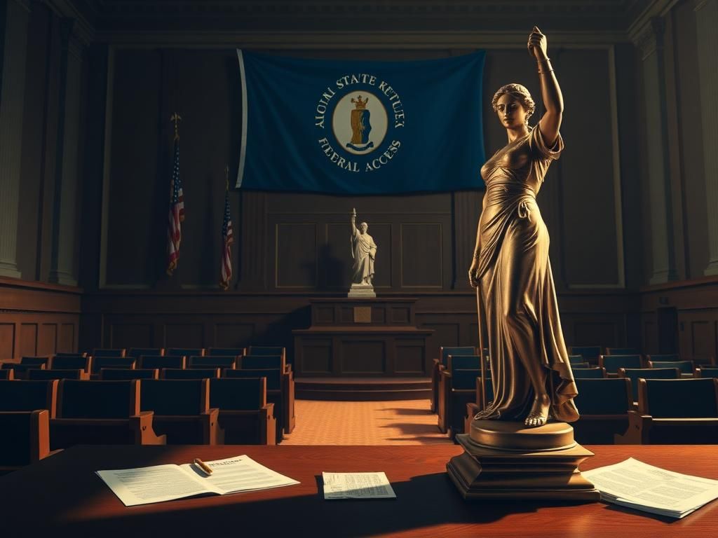 Flick International Dramatic courtroom scene with Lady Justice statue and Kentucky state flag