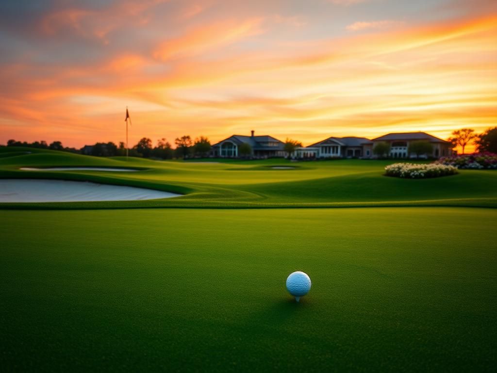 Flick International A picturesque golf course at dusk showcasing vibrant greens and a serene sunset.