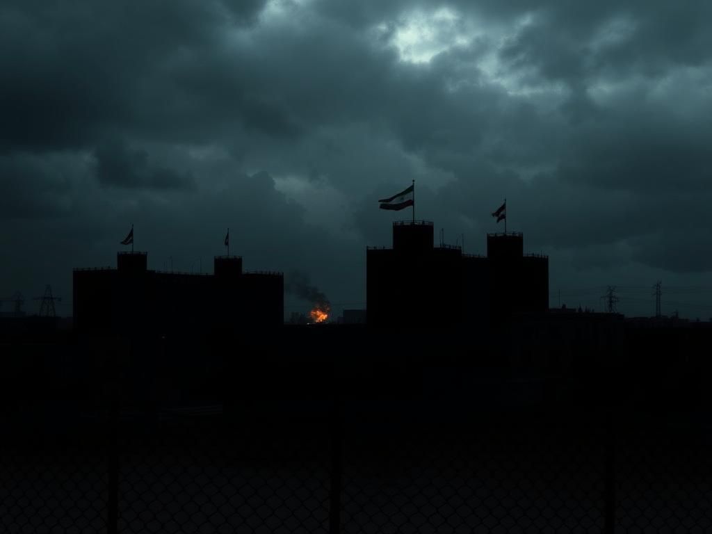 Flick International Dark urban landscape of Iran with imposing government buildings under gray skies