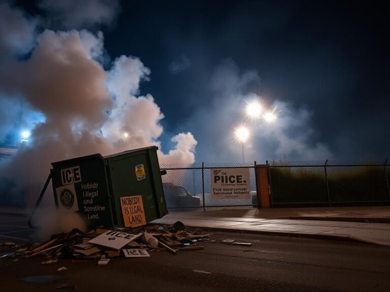 Flick International Nighttime scene of ICE facility in Portland surrounded by protest debris