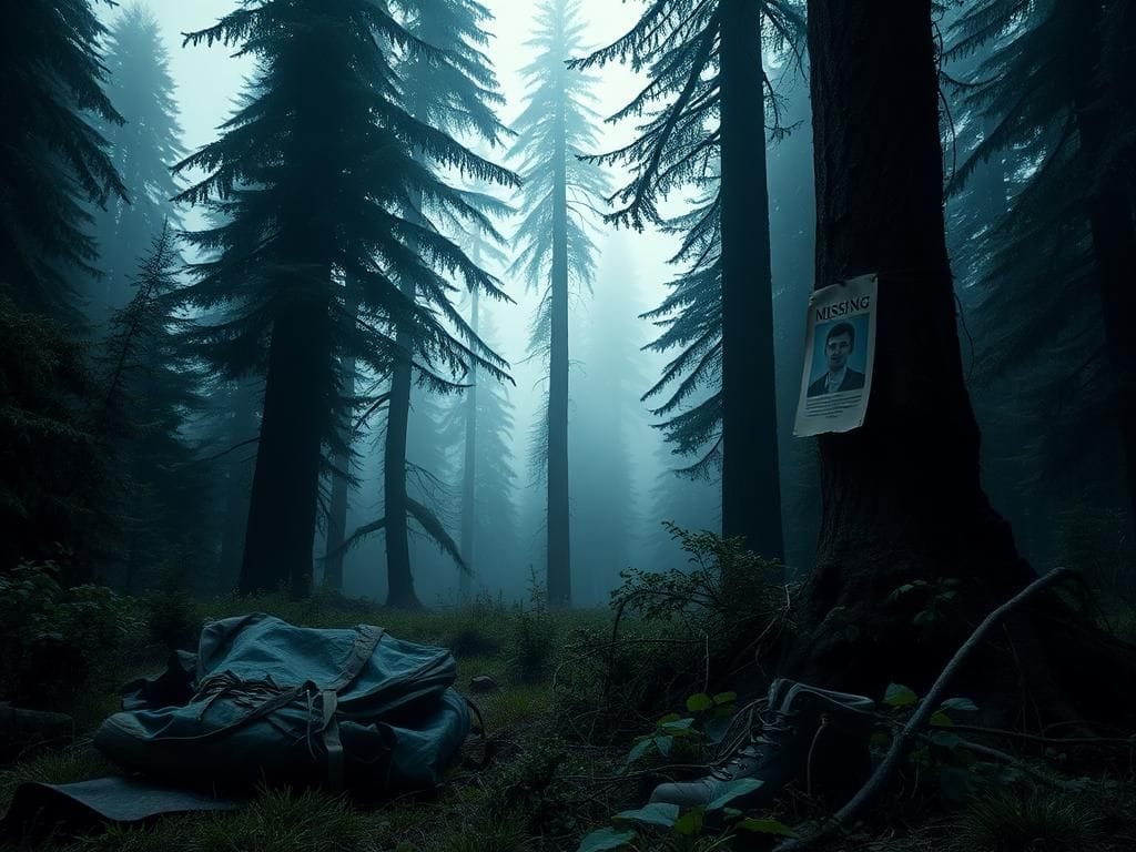 Flick International Dense forest scene in Teanaway Valley with camping items