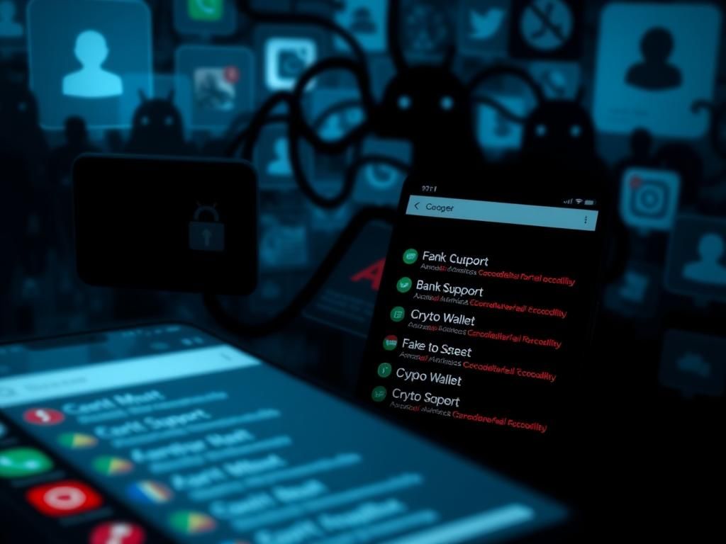 Flick International Abstract representation of Android malware Crocodilus with fake contact entries on a smartphone screen