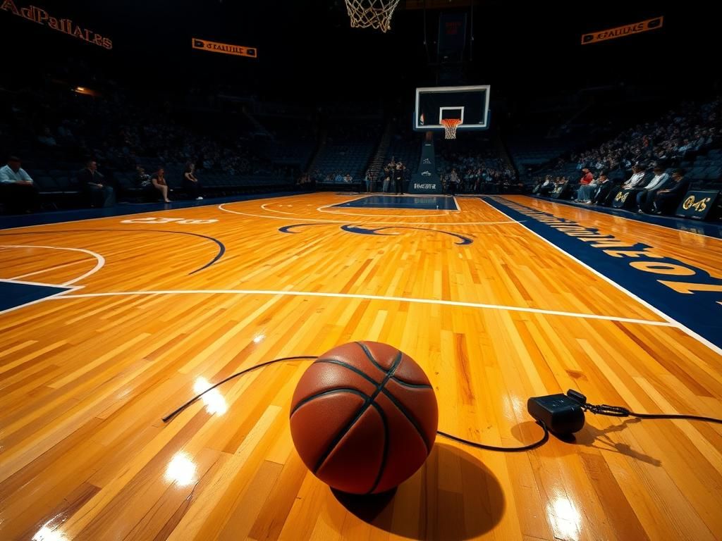 Flick International Dramatic basketball court scene showcasing a vibrant hardwood floor with shadows and a basketball on the ground.