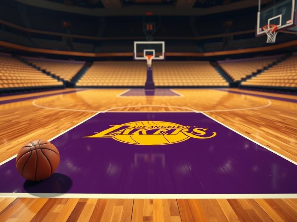 Flick International Close-up of a polished hardwood basketball court featuring the Los Angeles Lakers' logo, symbolizing the tension and rivalry in the air.