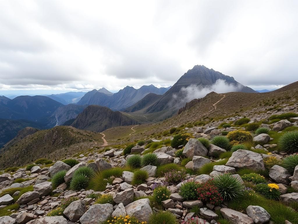 Flick International A sweeping view of Pikes Peak with rocky terrain and cloudy skies