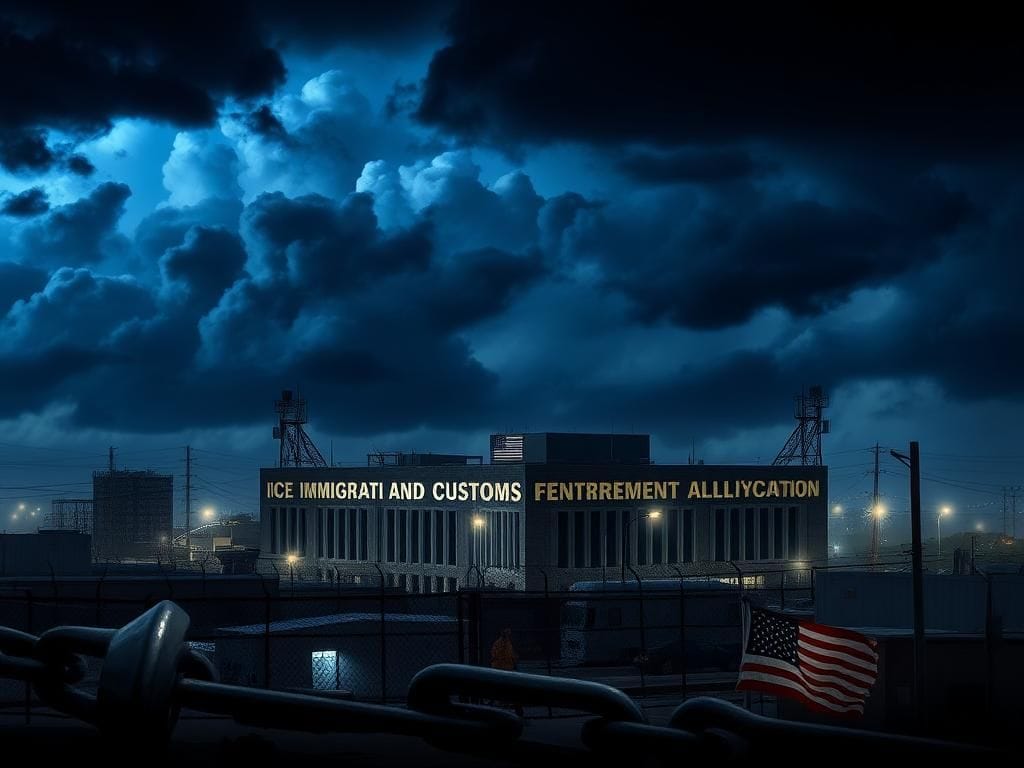 Flick International Dramatic urban landscape of Los Angeles at dusk with a fortified ICE facility