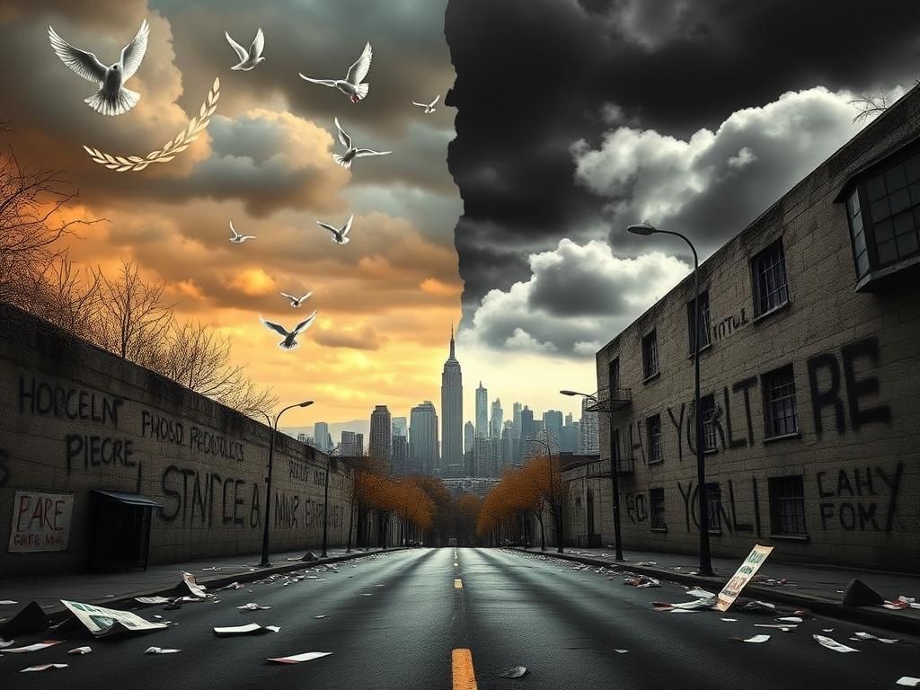 Flick International Divided urban landscape showcasing peace symbols and conflict imagery