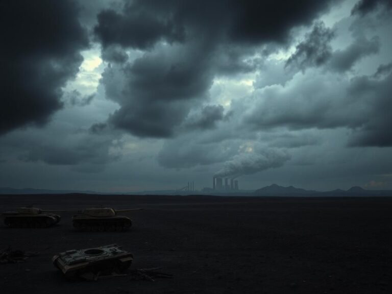 Flick International Stark landscape with ominous sky and remnants of military hardware symbolizing war aftermath