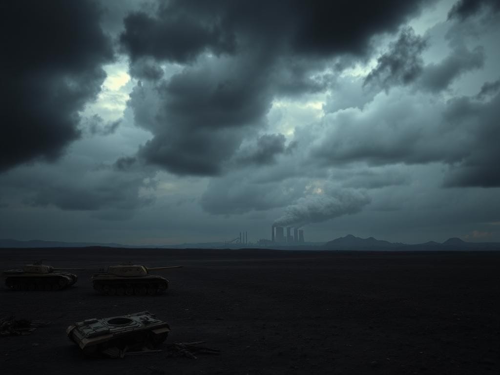 Flick International Stark landscape with ominous sky and remnants of military hardware symbolizing war aftermath