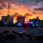 Flick International Dramatic urban landscape at dusk depicting the aftermath of the Boulder attack with charred Molotov cocktails scattered on asphalt.