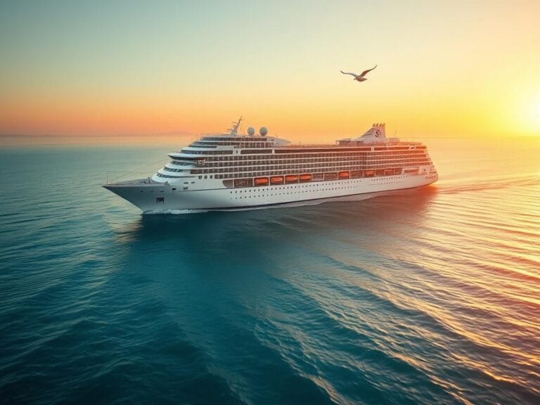 Flick International Aerial view of the Crown Iris cruise ship navigating calm turquoise waters towards Cyprus