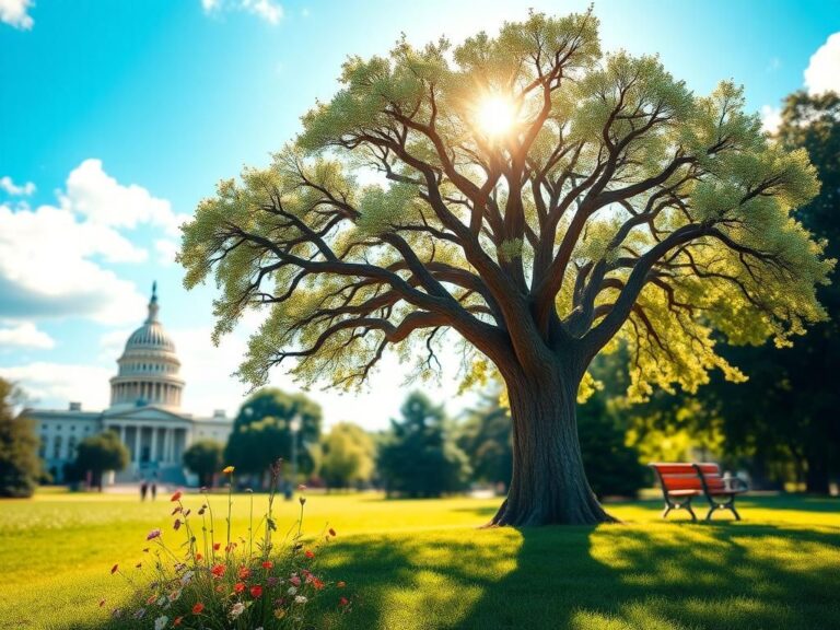 Flick International An elderly tree in a sunlit park symbolizing wisdom and resilience