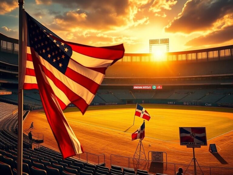 Flick International A vibrant scene at a baseball stadium during sunset with an unfurling American flag and Dominican Republic flag in the foreground.