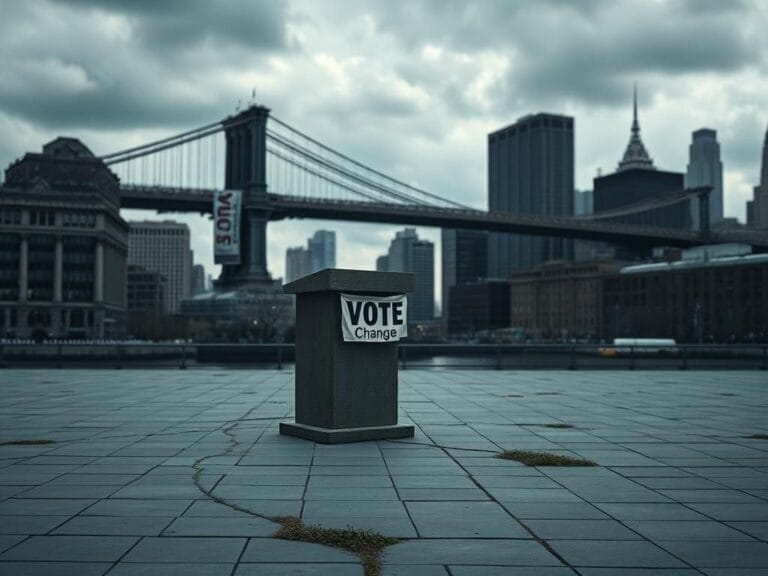 Flick International A weathered podium on an empty plaza in New York City, symbolizing political tension and uncertainty.