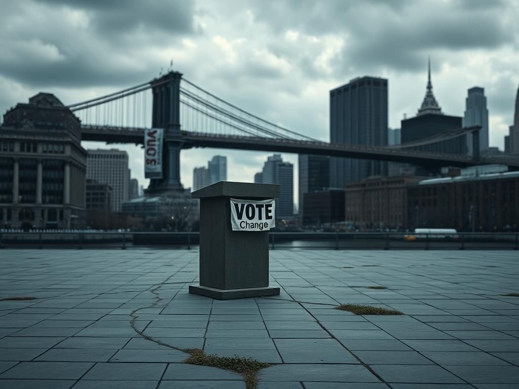 Flick International A weathered podium on an empty plaza in New York City, symbolizing political tension and uncertainty.