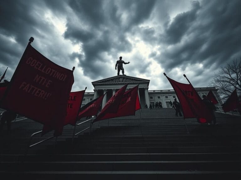 Flick International A low angle view of the Rocky statue at the Philadelphia Museum of Art during a tense protest atmosphere
