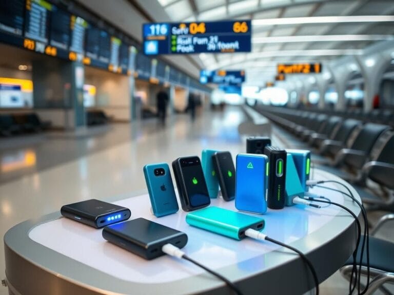 Flick International A well-lit airport charging station with various portable power banks in different shapes and sizes.
