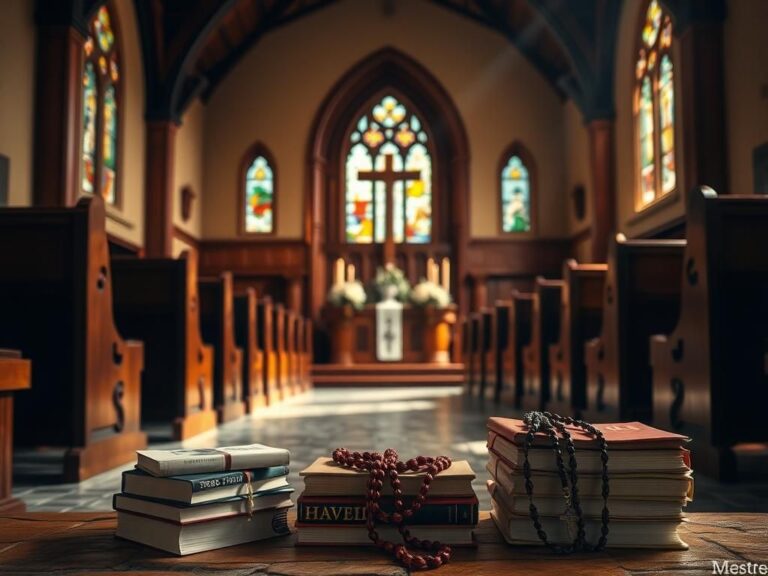 Flick International Serene chapel interior with warm lighting and stained glass windows