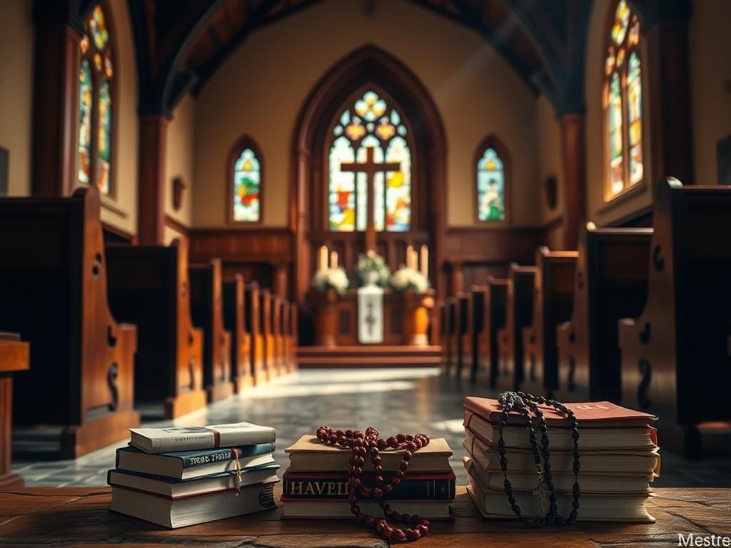 Flick International Serene chapel interior with warm lighting and stained glass windows