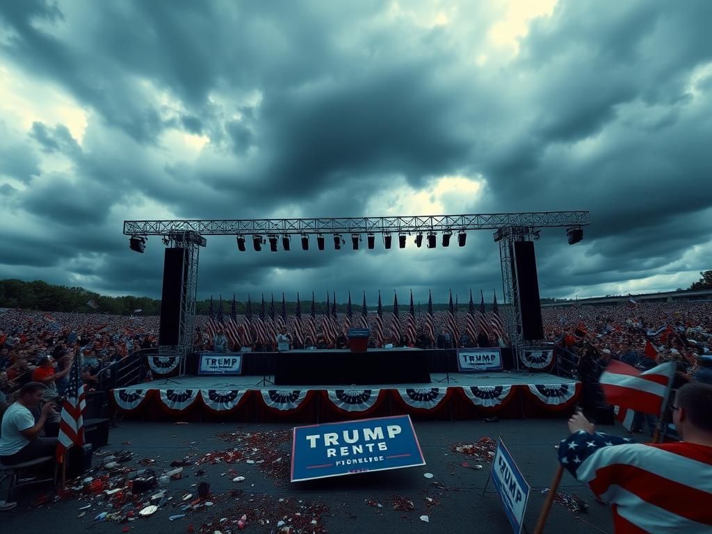 Flick International Dramatic high-angle view of a large rally stage under a stormy Pennsylvania sky, featuring an empty podium and scattered debris