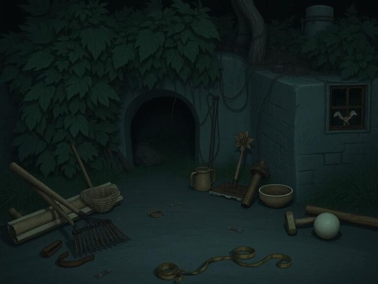 Flick International Eerie underground bunker entrance at a nudist resort surrounded by overgrown foliage and scattered camping supplies