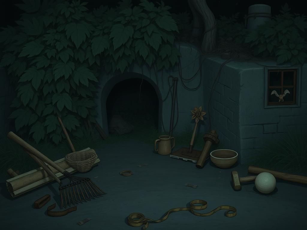 Flick International Eerie underground bunker entrance at a nudist resort surrounded by overgrown foliage and scattered camping supplies