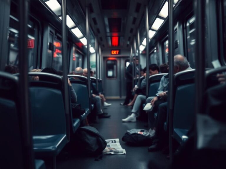 Flick International A crowded subway train interior during rush hour showing empty seats and scattered belongings after a violent incident.