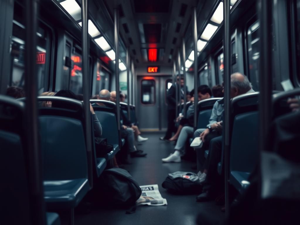 Flick International A crowded subway train interior during rush hour showing empty seats and scattered belongings after a violent incident.