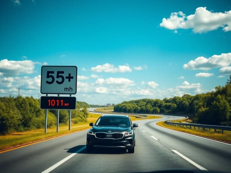 Flick International A winding highway in Indiana with a 55 mph speed limit sign and a digital display showing 101 mph.