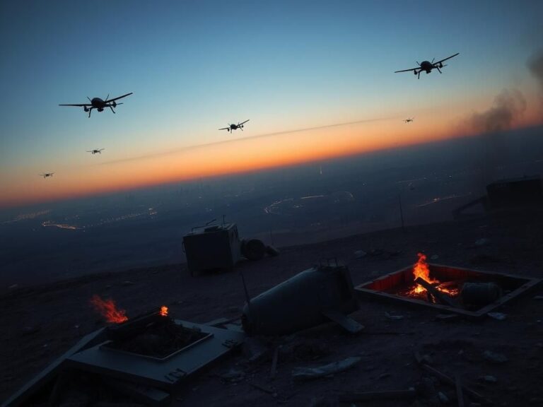 Flick International Aerial view of a desolate battlefield showcasing ruined military equipment and a hazy skyline of Tehran