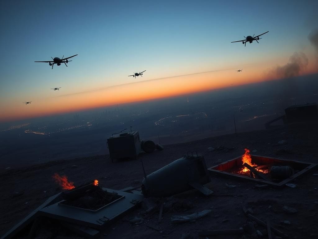 Flick International Aerial view of a desolate battlefield showcasing ruined military equipment and a hazy skyline of Tehran