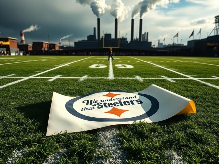 Flick International A dramatic scene of a Pittsburgh Steelers football field featuring a scripted letter, representing fan reactions to players at a Trump event.