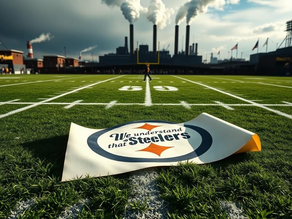 Flick International A dramatic scene of a Pittsburgh Steelers football field featuring a scripted letter, representing fan reactions to players at a Trump event.