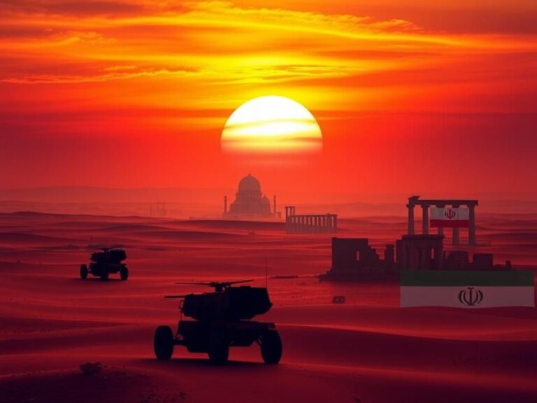 Flick International A dramatic desert landscape illustrating the tensions in the Middle East with military equipment and ancient ruins.