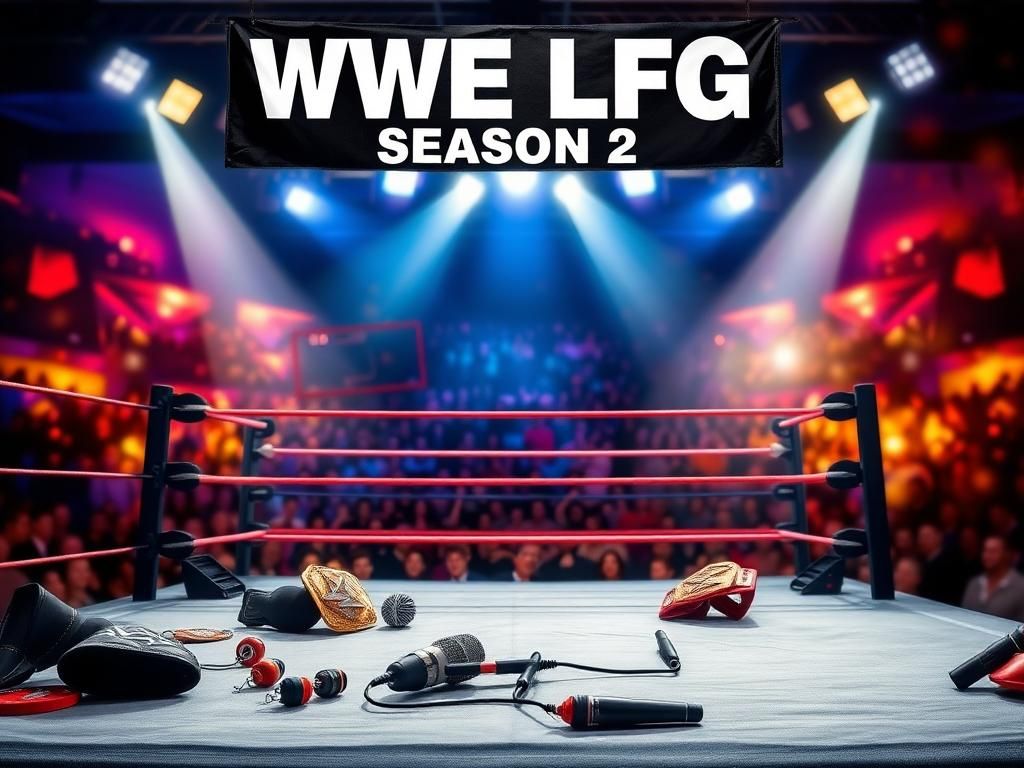 Flick International Dynamic wrestling ring illuminated by vibrant stage lights, symbolizing WWE Legends & Future Greats Season 2.